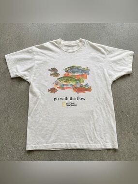 National Geographic White Tee with Multicolor Fish Illustration